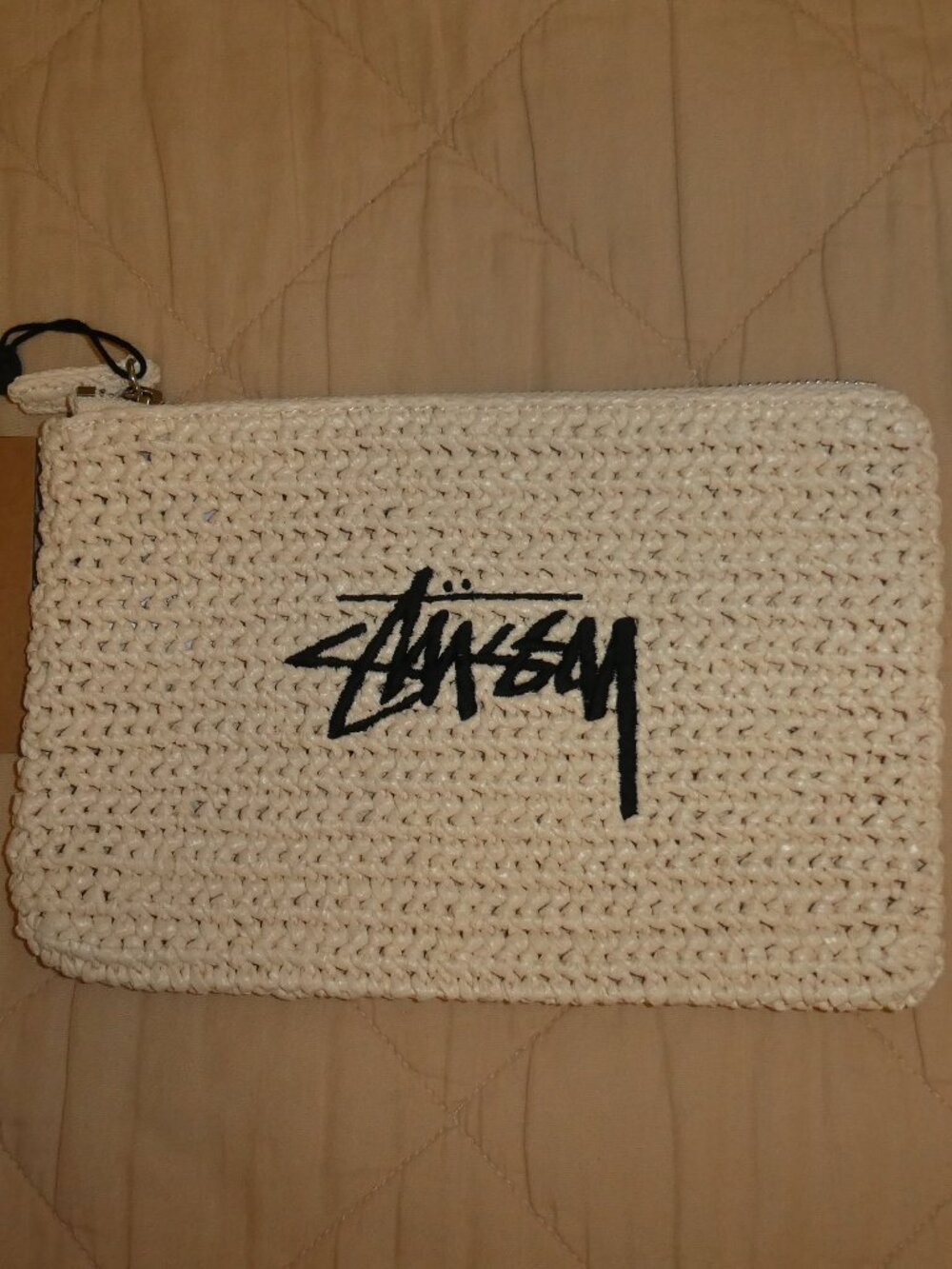 Stussy Raffia Ivory Woven Zippered Pouch